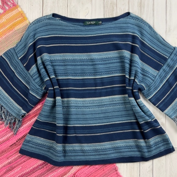 Lauren RL Striped Serape Fringed Short Sleeve Sweater - Picture 9 of 14